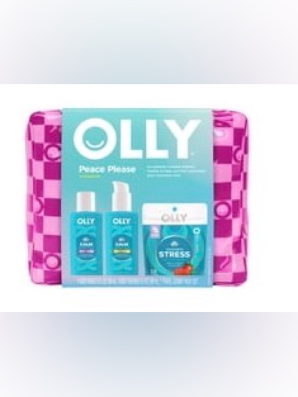 OLLY Peace Please Stress Relief Set with makeup travel Pouch NEW pink gingham